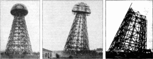 Tesla's Wardenclyffe tower on Long Island in partial stage of demolition. On July 4, 1917 the Smiley Steel Company of New York began demolition of the tower by dynamiting it but it took till September to totally demolish it. Tesla built it in 1901-1903 and sold it to investors as a wireless communication center.