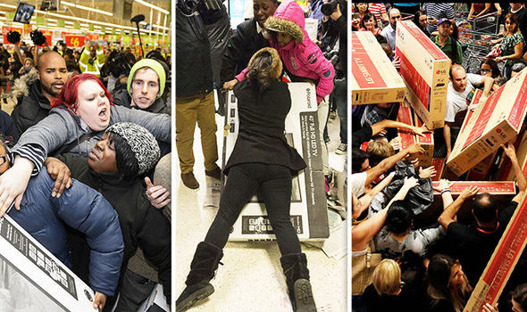Modern shoppers fighting over products and crowding a store during Black Friday sales.