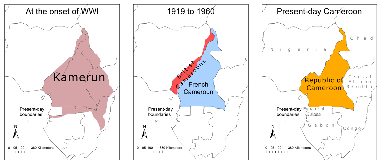 Historical map showing British and French sections of Cameroon post-WWI.