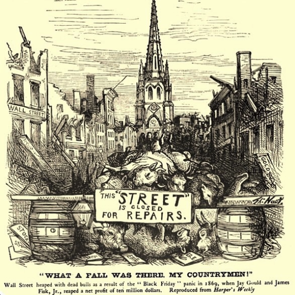 Historical illustration of Jay Gould and James Fisk plotting gold market manipulation in 1869.