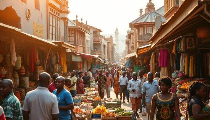 Cameroon street market with vendors, shoppers, and colorful fabrics.