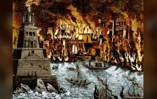 A colorized 19th-century depiction of the Library of Alexandria burning.