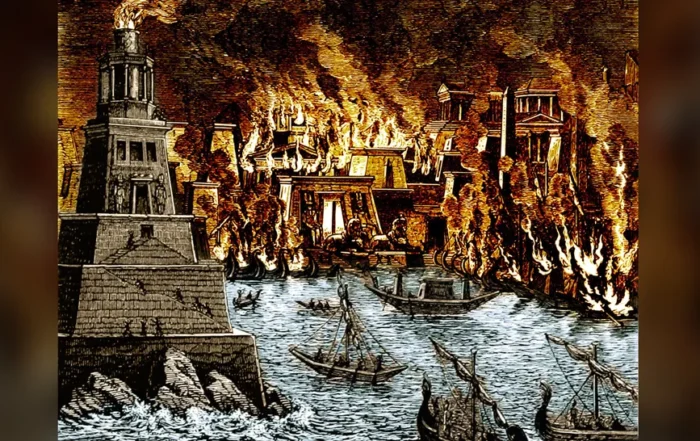 A colorized 19th-century depiction of the Library of Alexandria burning.